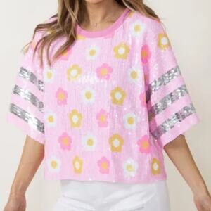 Simply Southern Preppy Sequins Daisy Top Pink XL NWT Gaudy Maximalist Barbiecore